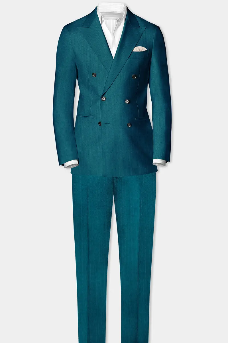 Sapphire-Peacock Blue Solid Wool Rich Double Breasted Slight Stretch Suit 4