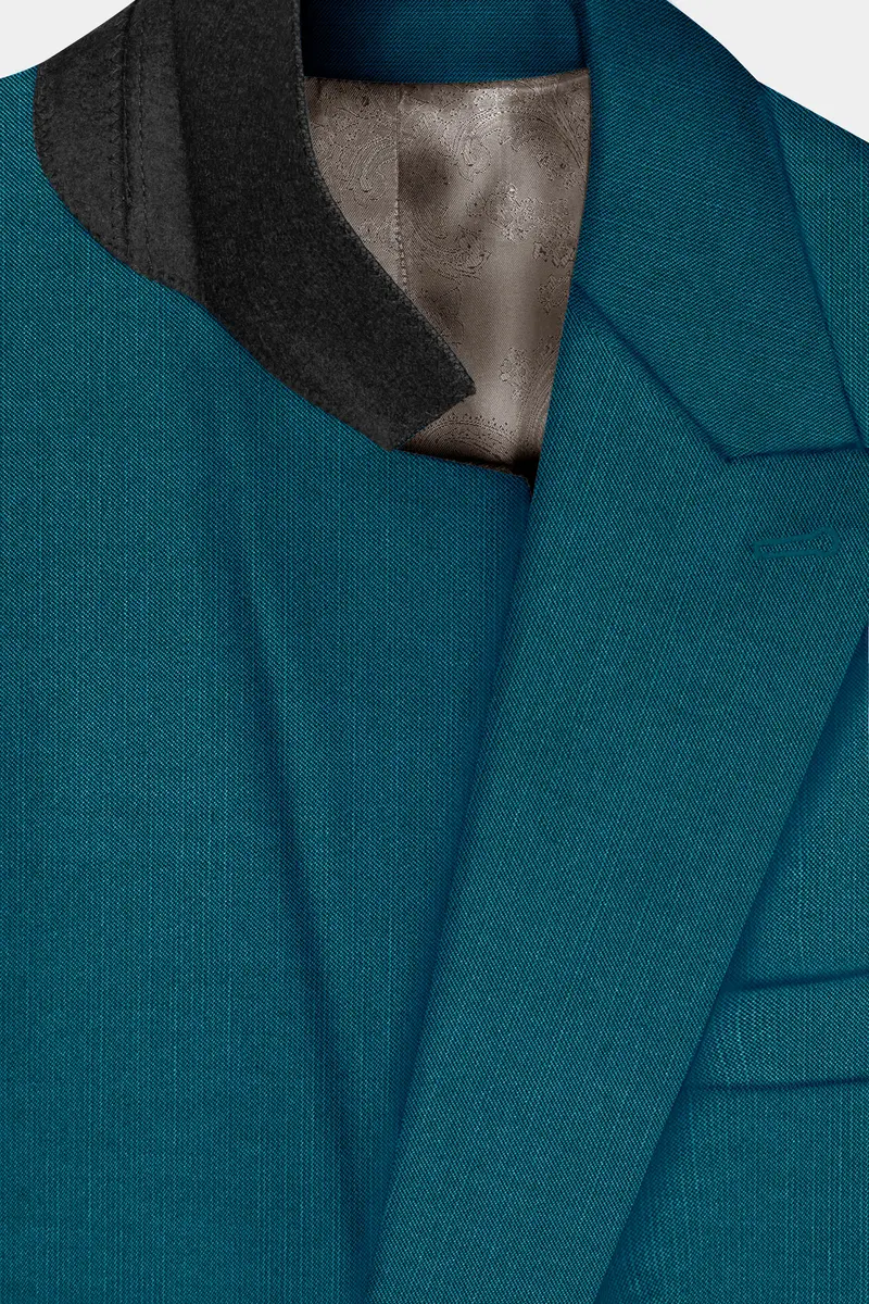 Sapphire-Peacock Blue Solid Wool Rich Double Breasted Slight Stretch Suit 5