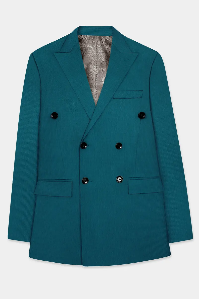 Sapphire-Peacock Blue Solid Wool Rich Double Breasted Slight Stretch Suit 8
