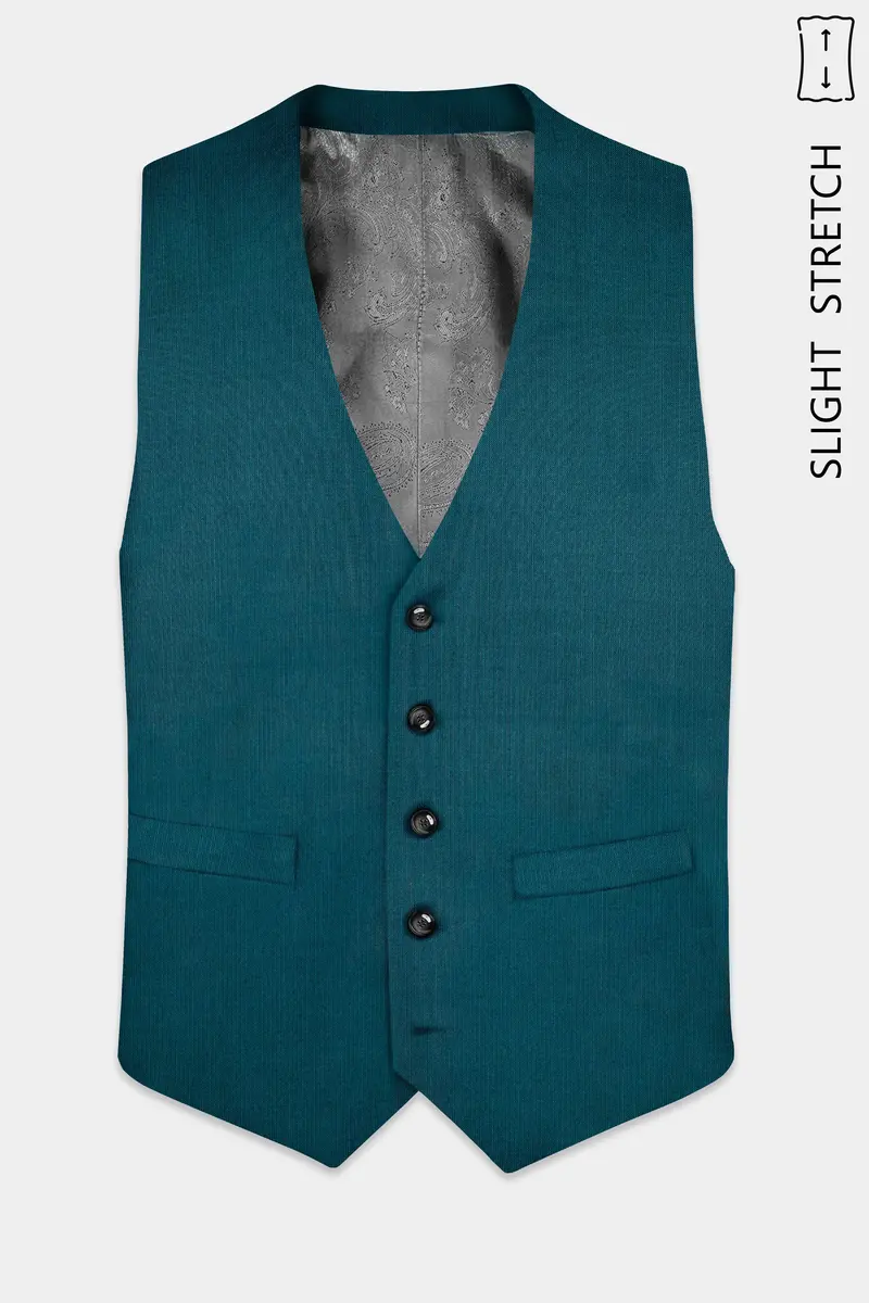 Sapphire-Peacock Blue Solid Wool Rich Slight Stretch Waistcoat 2