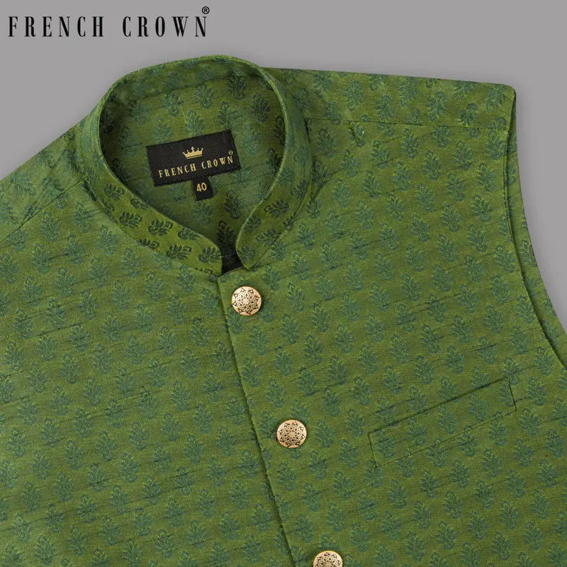 Saratoga Green Motif Jacquard Texture Designer Nehru Jacket 1