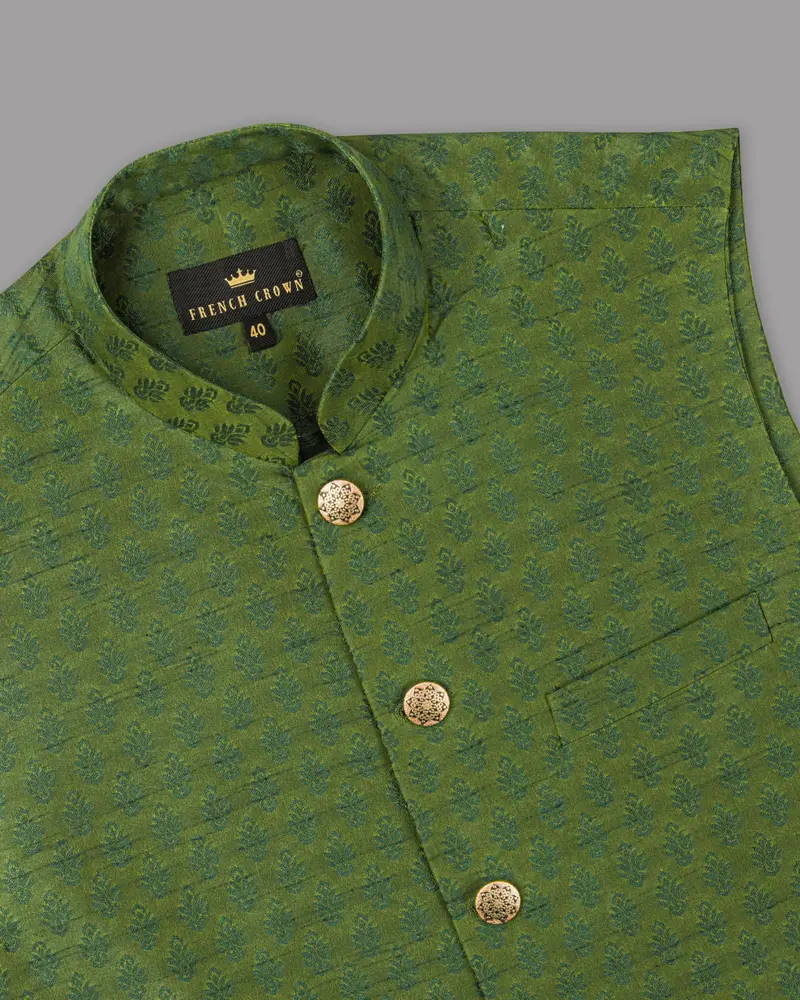 Saratoga Green Motif Jacquard Texture Designer Nehru Jacket 2