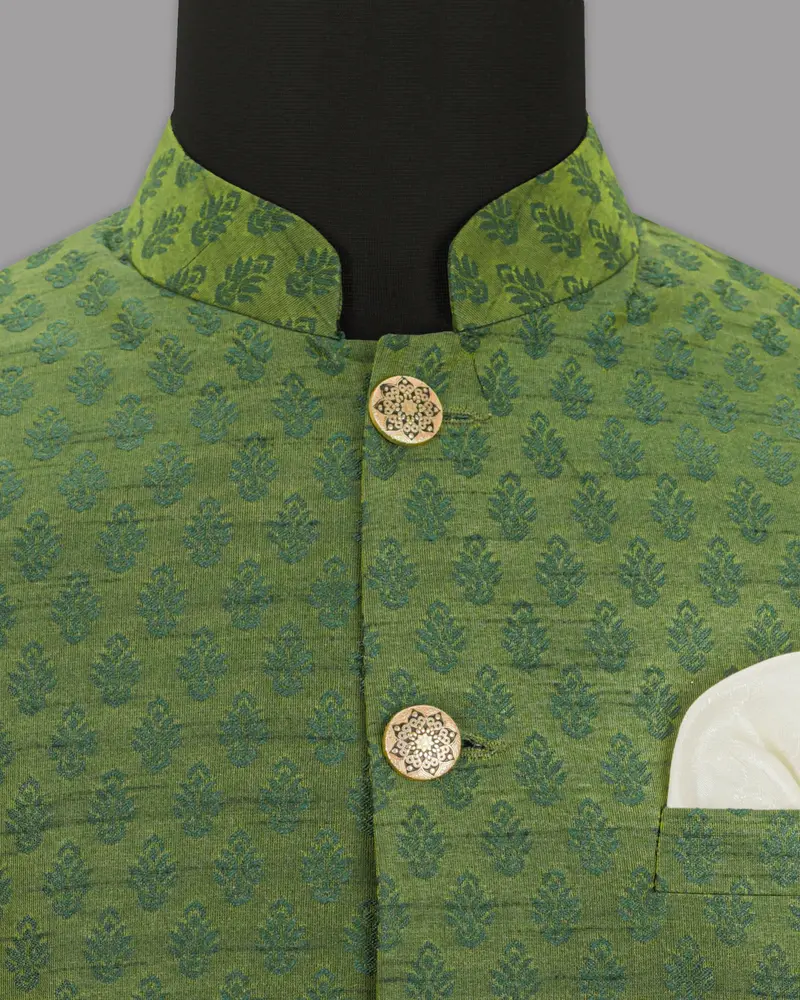 Saratoga Green Motif Jacquard Texture Designer Nehru Jacket 4