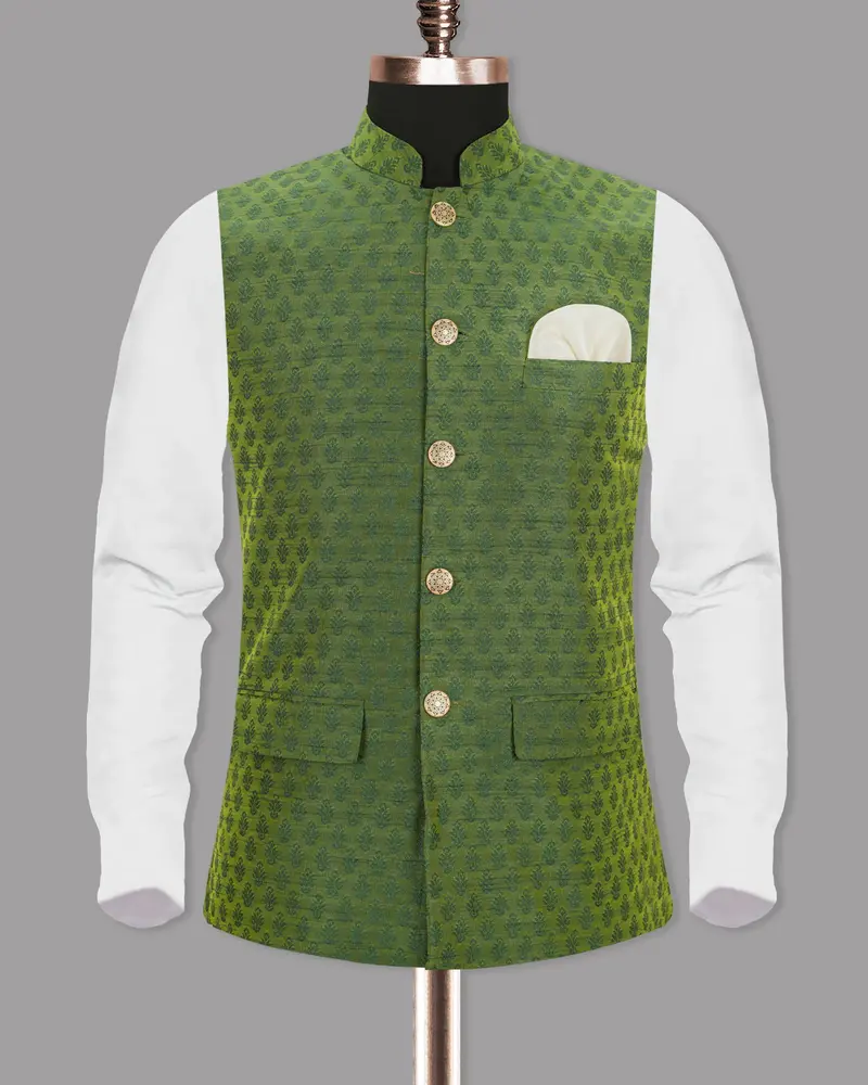 Saratoga Green Motif Jacquard Texture Designer Nehru Jacket 5