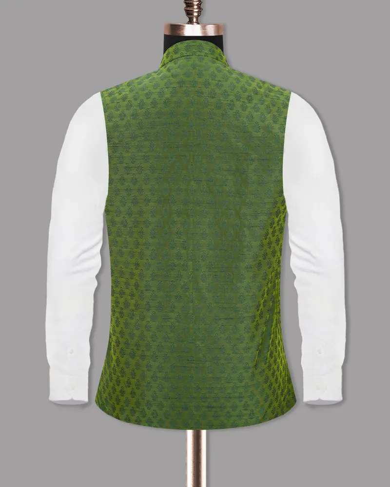 Saratoga Green Motif Jacquard Texture Designer Nehru Jacket 6
