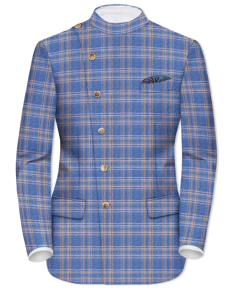 Scampi Blue And Muesli Brown Plaid Wool Rich Cross Placket Bandhgala Blazer 1