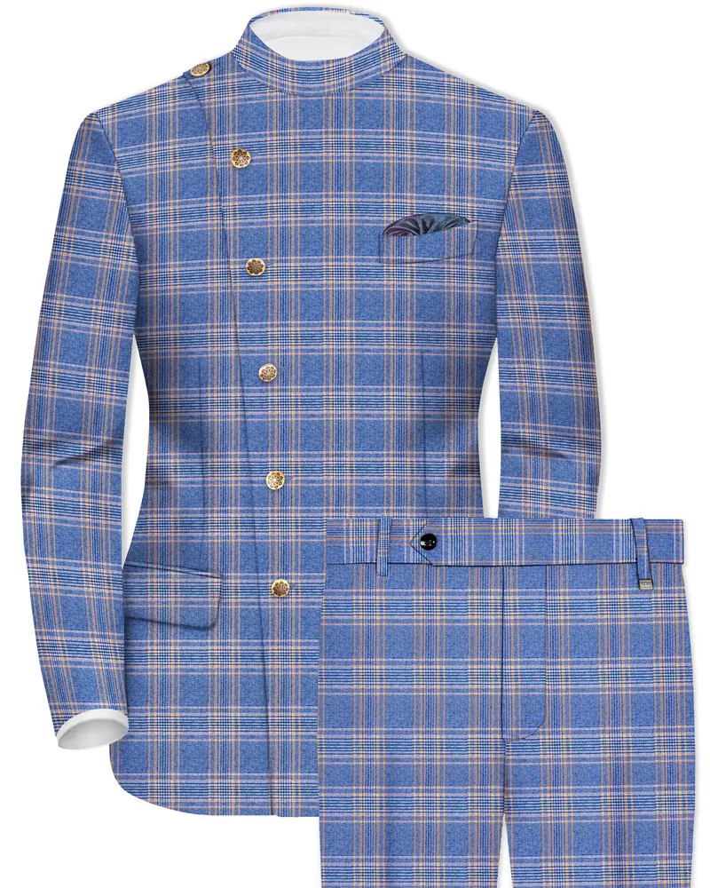 Scampi Blue And Muesli Brown Plaid Wool Rich Cross Placket Bandhgala Suit 1