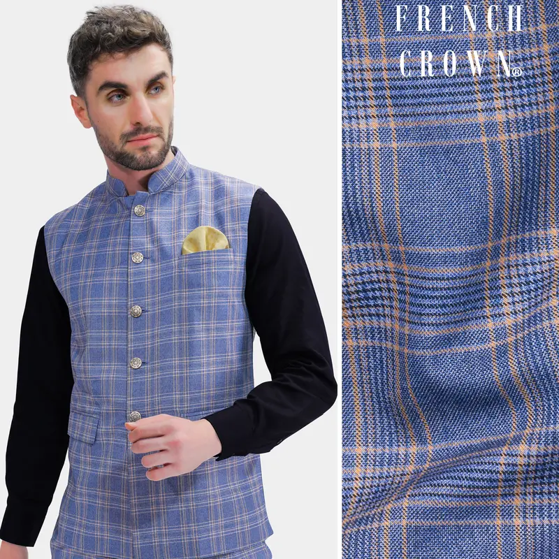 Scampi Blue And Muesli Brown Plaid Wool Rich Nehru Jacket 1