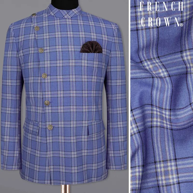 Scampi Blue With Heather Gray Plaid Cross Placket Bandhgala Blazer 1