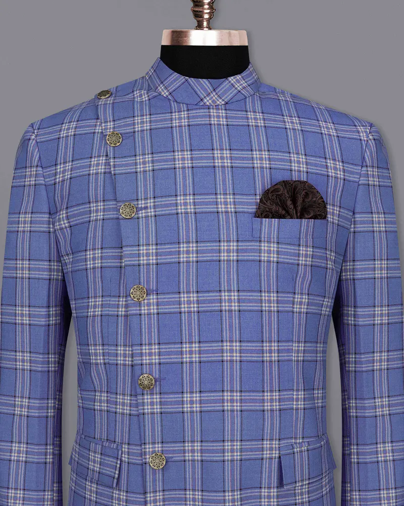 Scampi Blue With Heather Gray Plaid Cross Placket Bandhgala Blazer 2