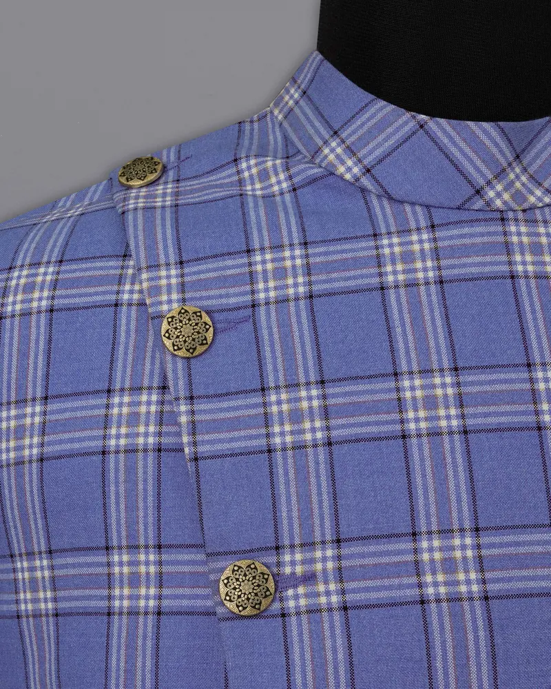 Scampi Blue With Heather Gray Plaid Cross Placket Bandhgala Blazer 4