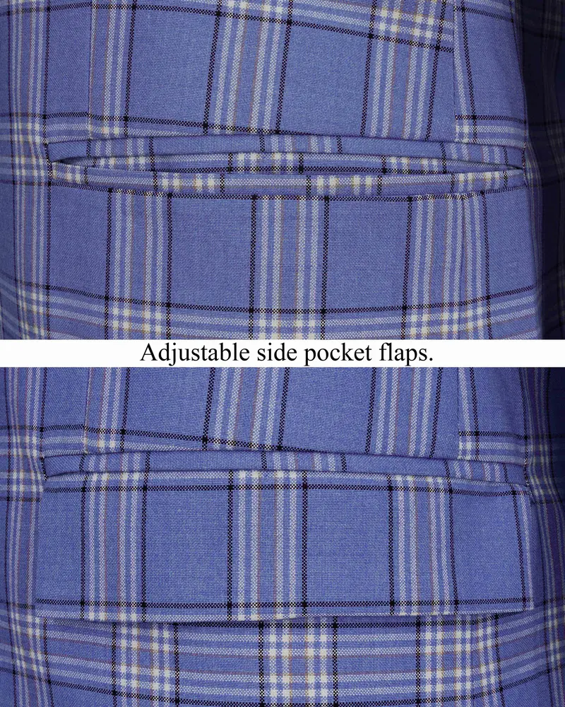 Scampi Blue With Heather Gray Plaid Cross Placket Bandhgala Blazer 5