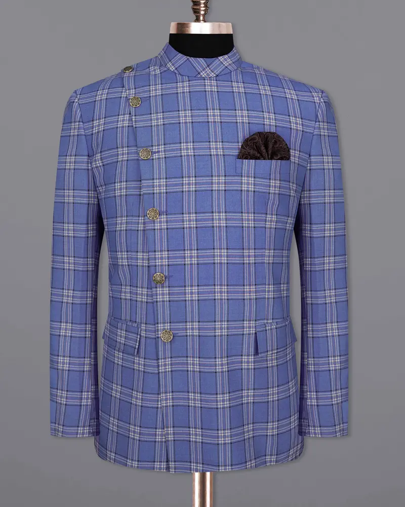 Scampi Blue With Heather Gray Plaid Cross Placket Bandhgala Blazer 8