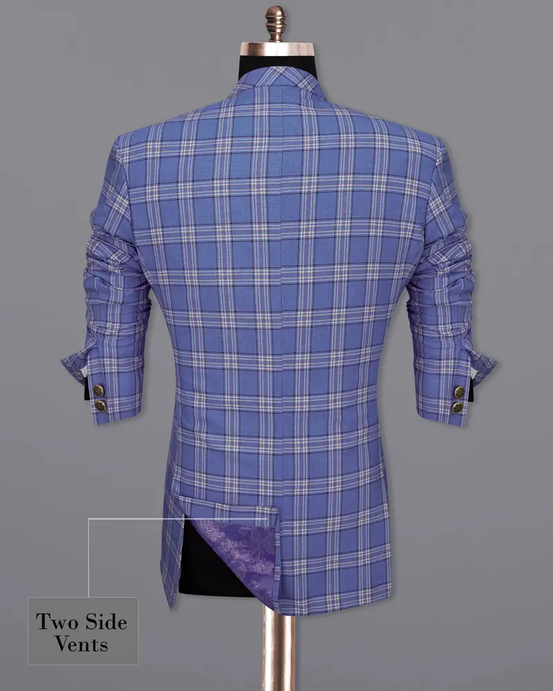 Scampi Blue With Heather Gray Plaid Cross Placket Bandhgala Blazer 9