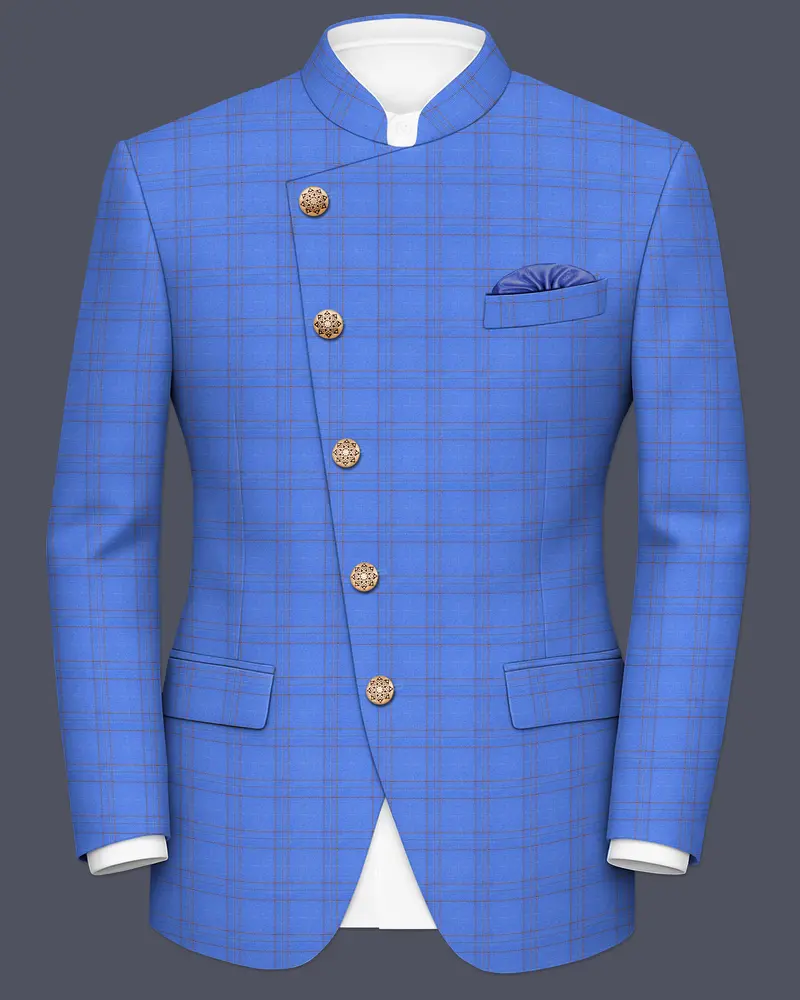 Scampi Blue With Pickled Brown Plaid Cross Placket Bandhgala Blazer 1