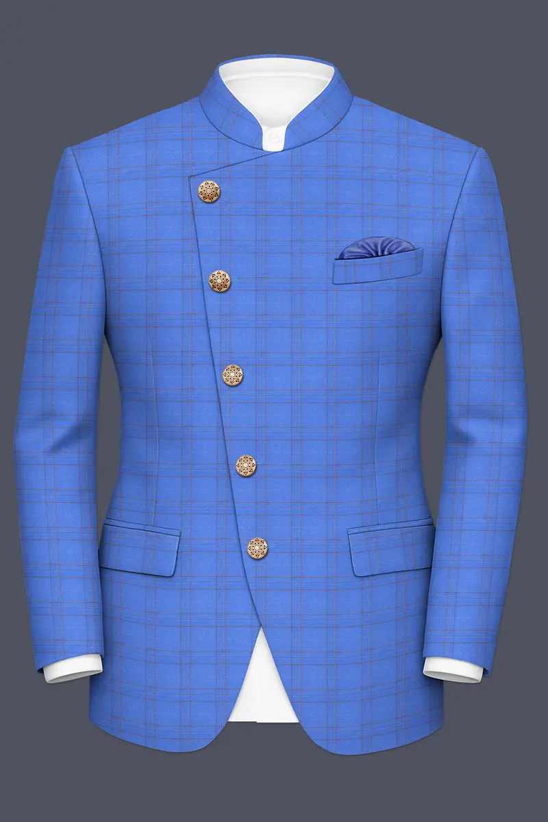 Scampi Blue With Pickled Brown Plaid Cross Placket Bandhgala Blazer 2