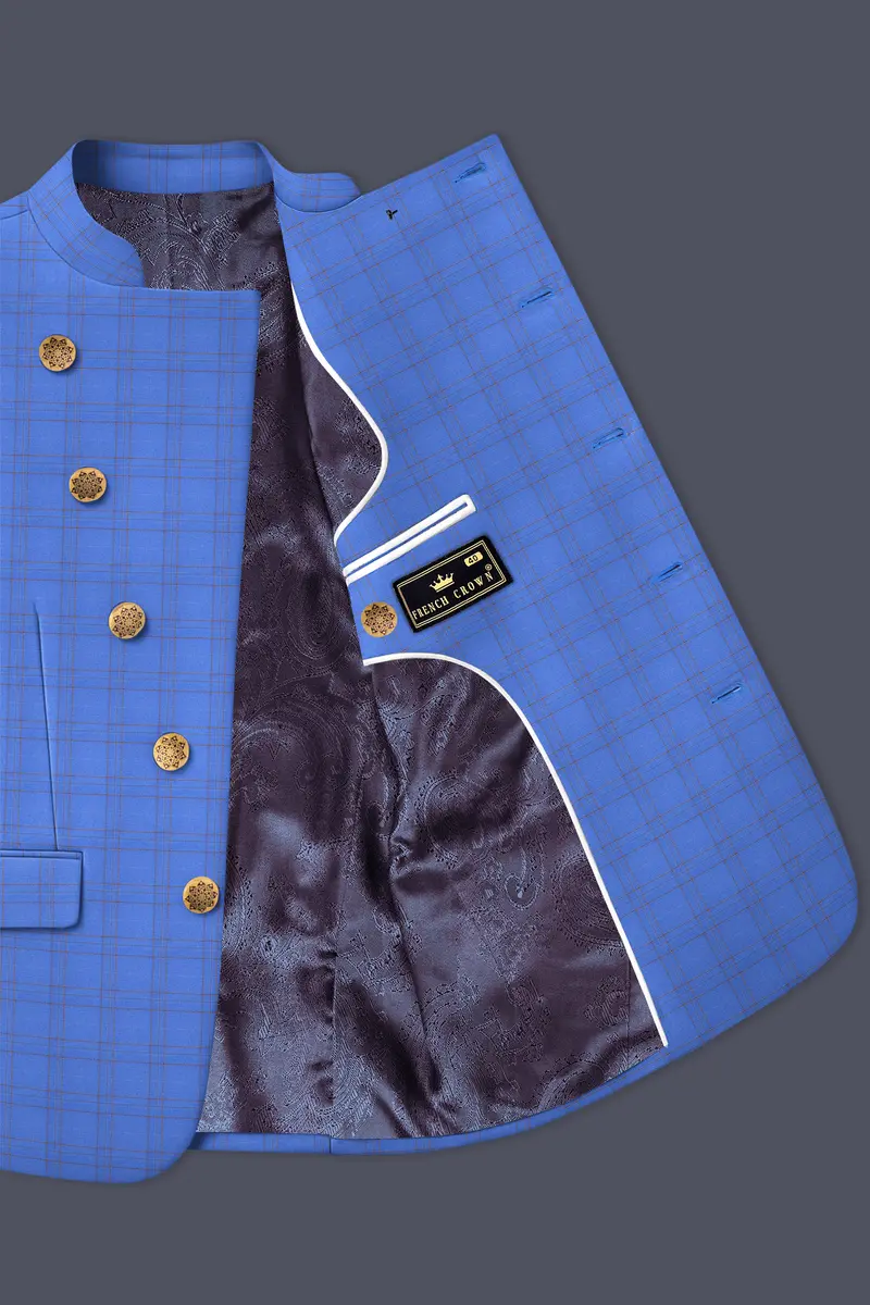 Scampi Blue With Pickled Brown Plaid Cross Placket Bandhgala Blazer 4