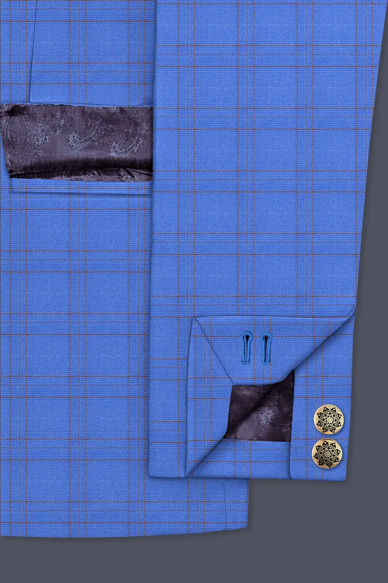 Scampi Blue With Pickled Brown Plaid Cross Placket Bandhgala Blazer 5