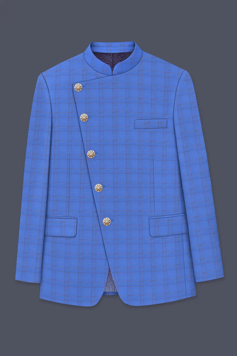 Scampi Blue With Pickled Brown Plaid Cross Placket Bandhgala Blazer 6