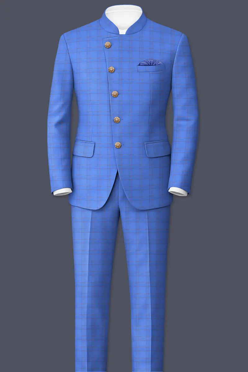 Scampi Blue With Pickled Brown Plaid Cross Placket Bandhgala Blazer 8