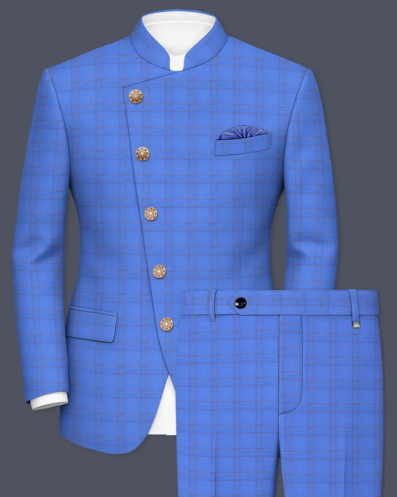Scampi Blue With Pickled Brown Plaid Cross Placket Bandhgala Suit 1