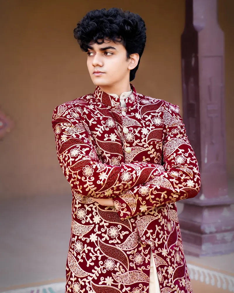 Scarlet Maroon With Beaver Brown Velvet Tikki Work With Cotton Embroidered Thread Work Bandhgala Sherwani 1