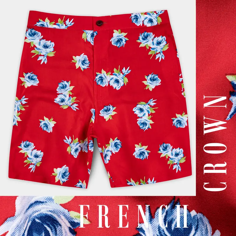 Scarlet Red And Cerulean Blue Floral Printed Premium Cotton Shorts 1