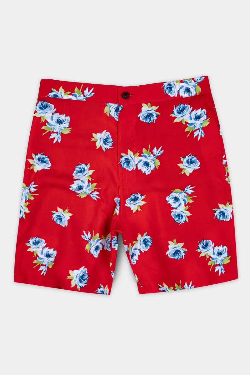 Scarlet Red And Cerulean Blue Floral Printed Premium Cotton Shorts 2