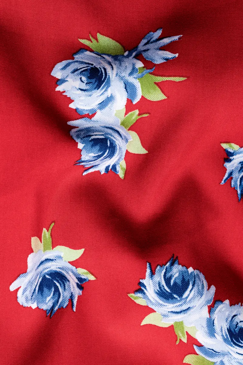 Scarlet Red And Cerulean Blue Floral Printed Premium Cotton Shorts 3