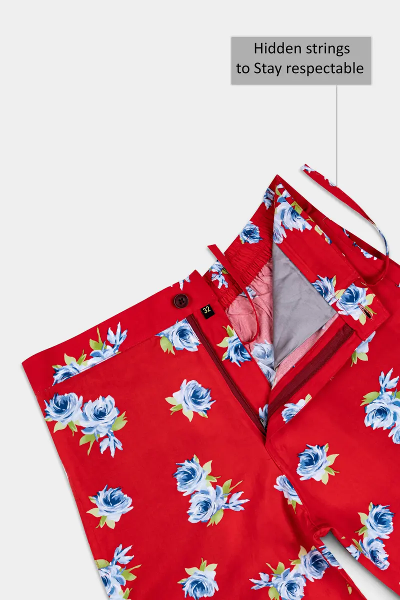 Scarlet Red And Cerulean Blue Floral Printed Premium Cotton Shorts 4