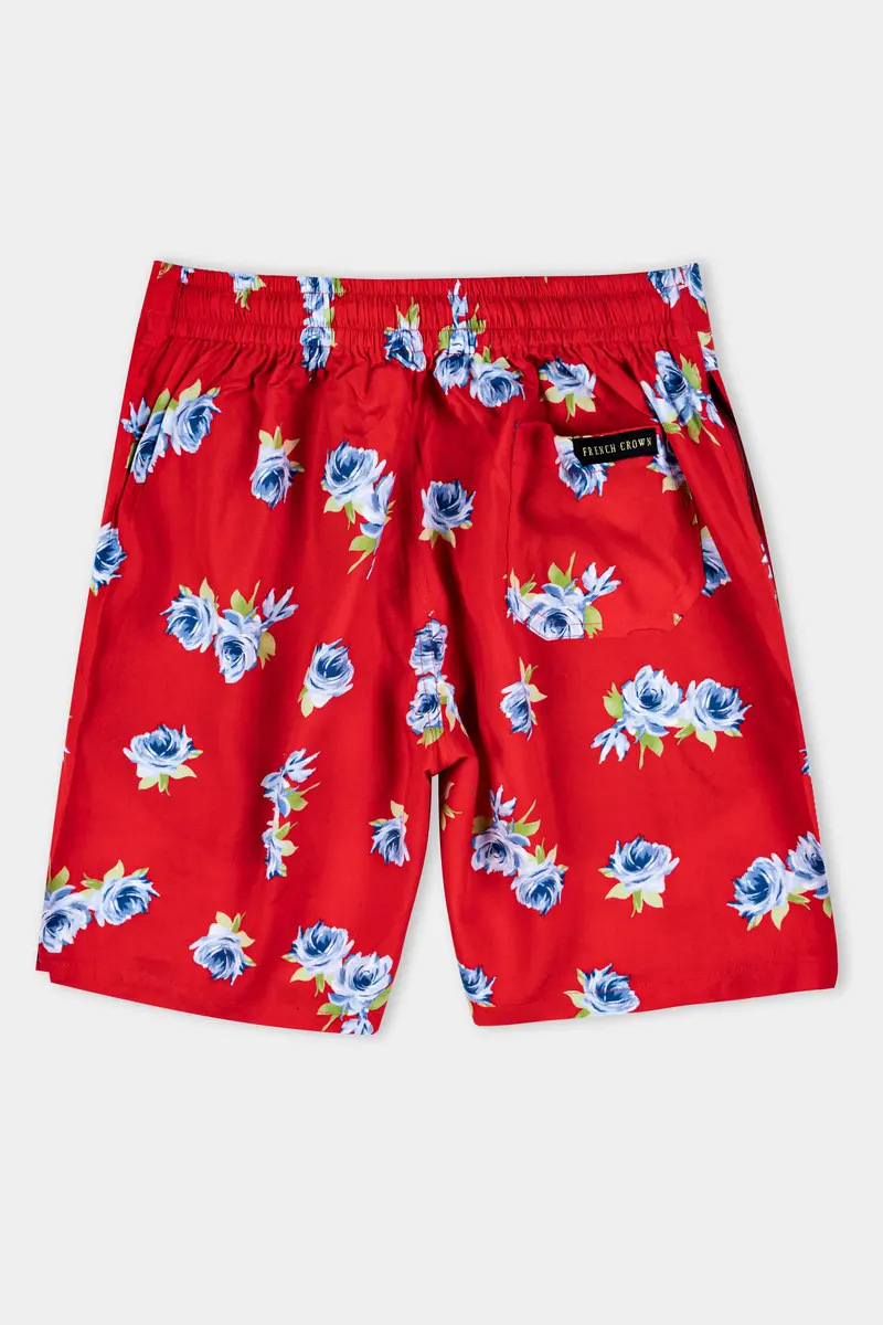 Scarlet Red And Cerulean Blue Floral Printed Premium Cotton Shorts 5