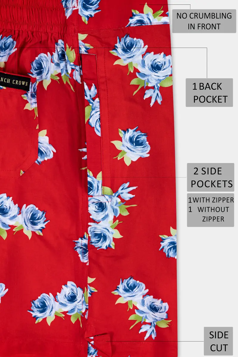 Scarlet Red And Cerulean Blue Floral Printed Premium Cotton Shorts 6