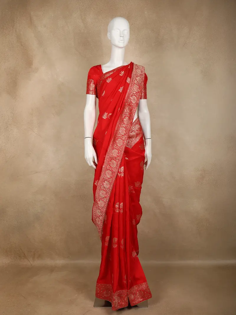 Scarlet Red Floral Zari Woven Banarasi Silk Saree With Designer Border 1