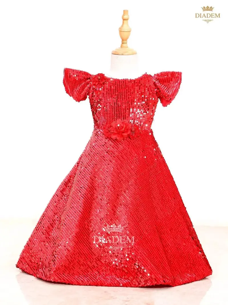 Scarlet Red Gown Embellished In Full Sequins With Flower Design 1