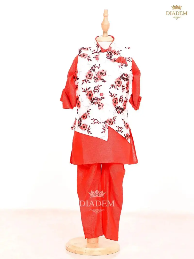 Scarlet Red Kurta Set With Floral Printed Waistcoat 1