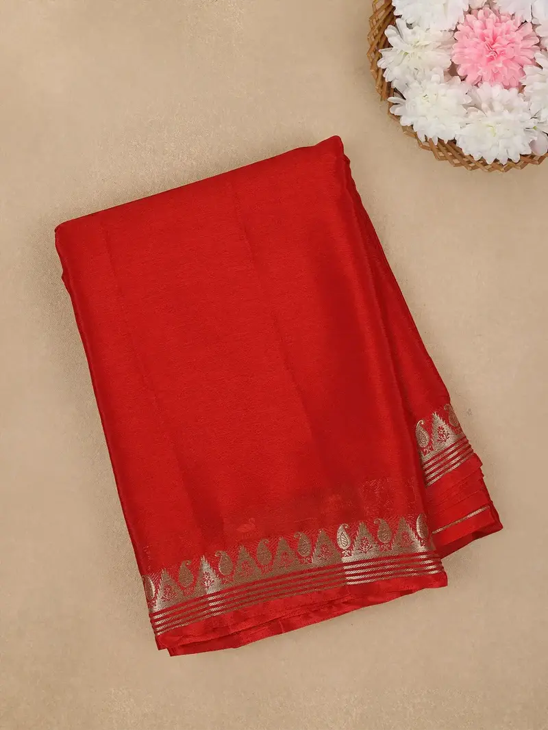 Scarlet Red With Gold Zari Paisley Border Mysore Silk Saree 1