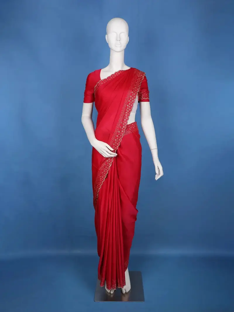 Scarlet Redscattered Dot Pattern Sequin Embellishment Organza Saree 1