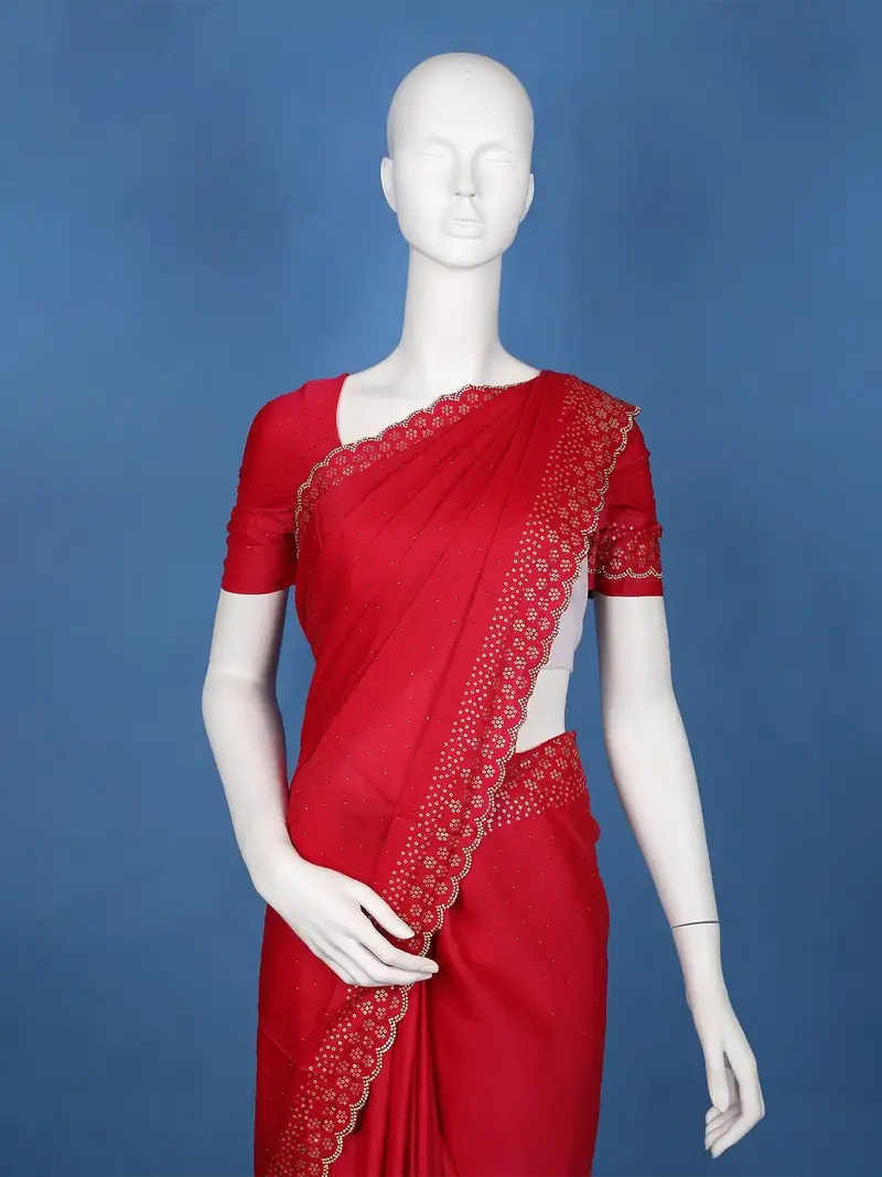Scarlet Redscattered Dot Pattern Sequin Embellishment Organza Saree 2