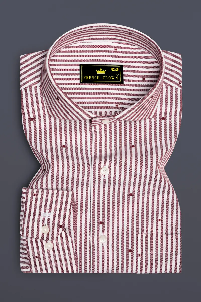 Scarvoro-Congo Red And Bright White Striped Dobby Premium Giza Cotton Dress Shirt 4