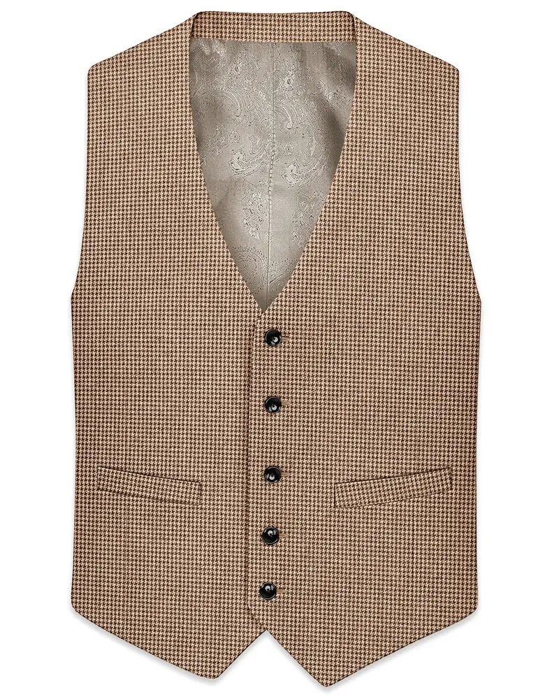 Scholar-Mocha Brown Classic Houndstooth Textured Tweed Waistcoat 1