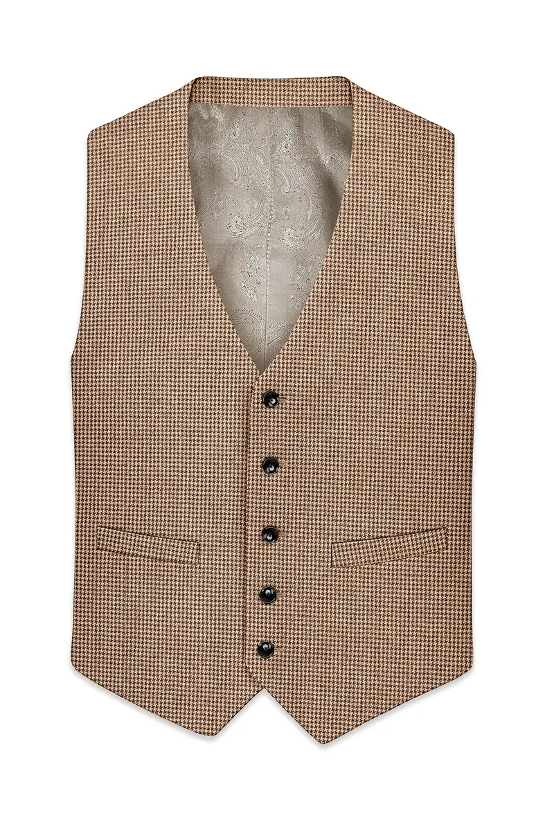 Scholar-Mocha Brown Classic Houndstooth Textured Tweed Waistcoat 2