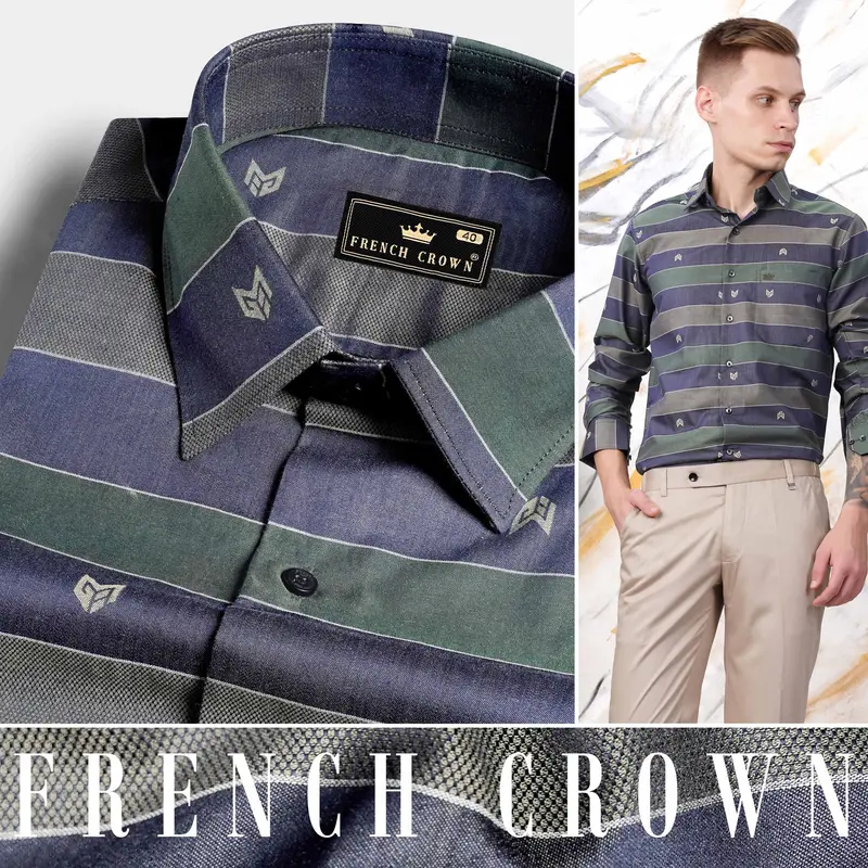 Schooner Brown With Nandor Green And Ebony Clay Blue Jacquard Textured Premium Giza Cotton Shirt 4