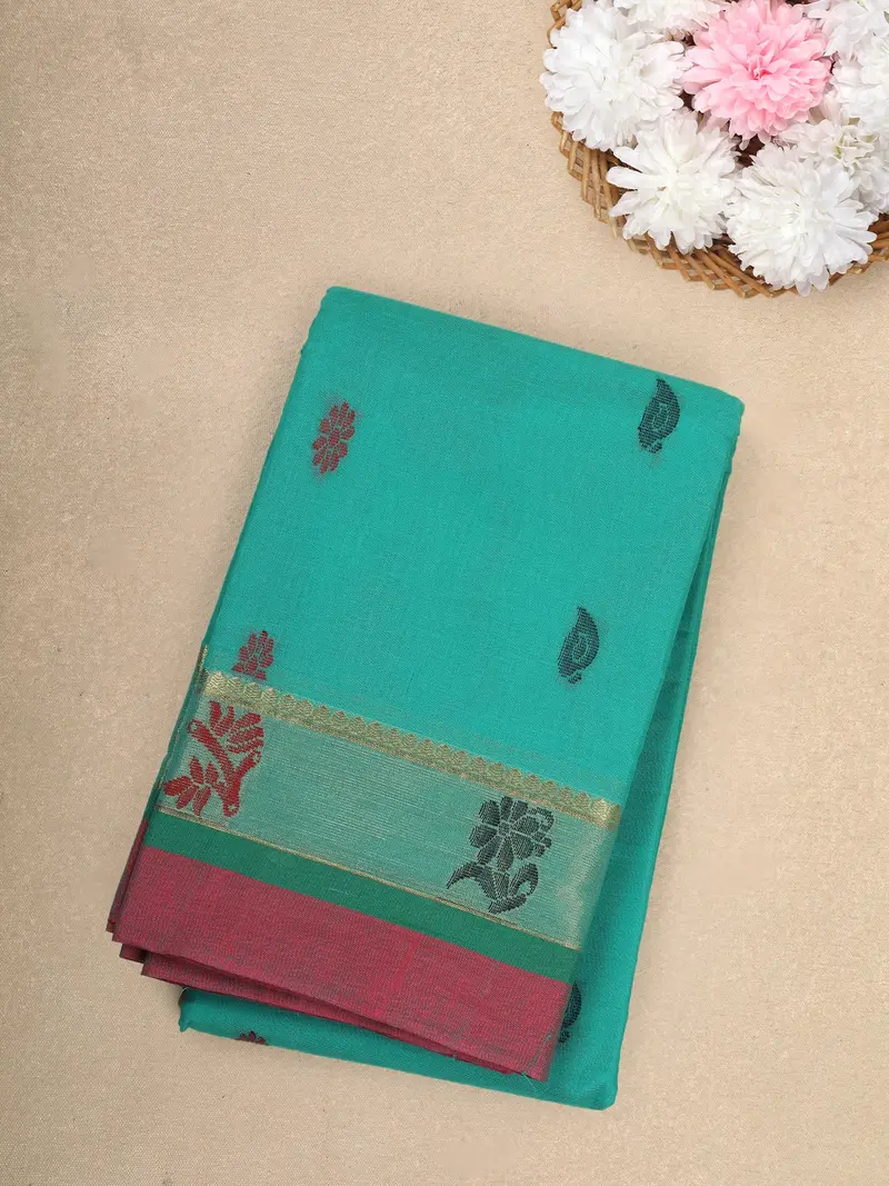 Sea Blue Floral Butta Design Cotton Saree With Contrast Maroon Border 1