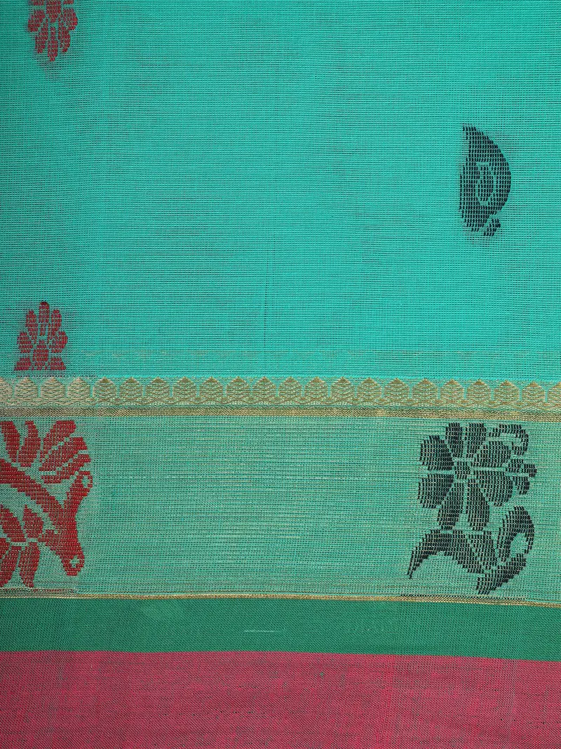 Sea Blue Floral Butta Design Cotton Saree With Contrast Maroon Border 2
