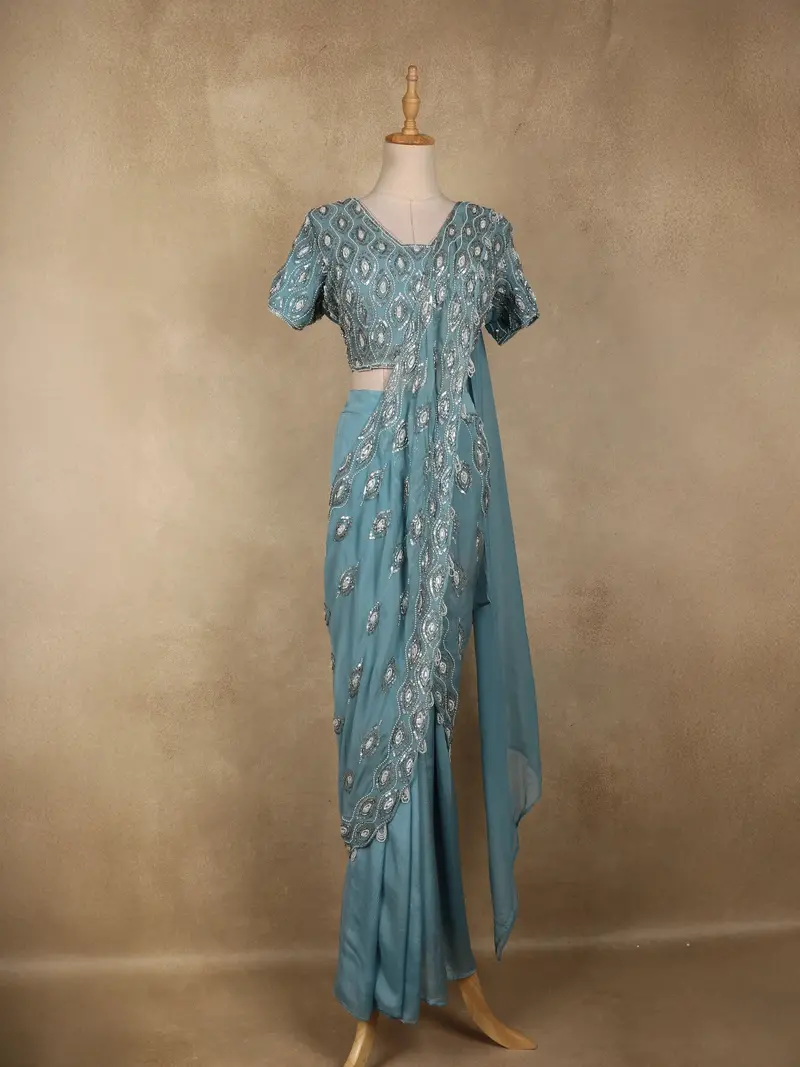Sea Blue Geometric Sequins Embroidered Design Georgette Ready To Wear Saree With Designer Blouse 1
