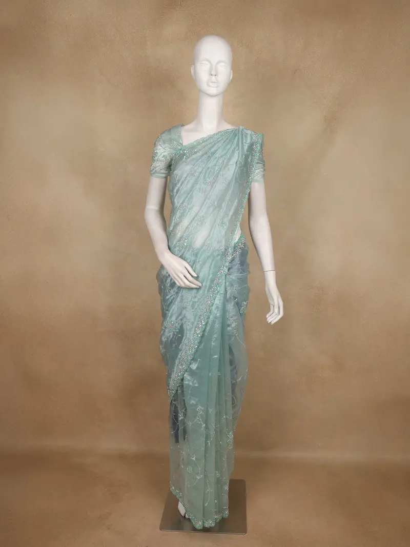 Sea Blue Sequin Embroidered Design Organza Saree 1