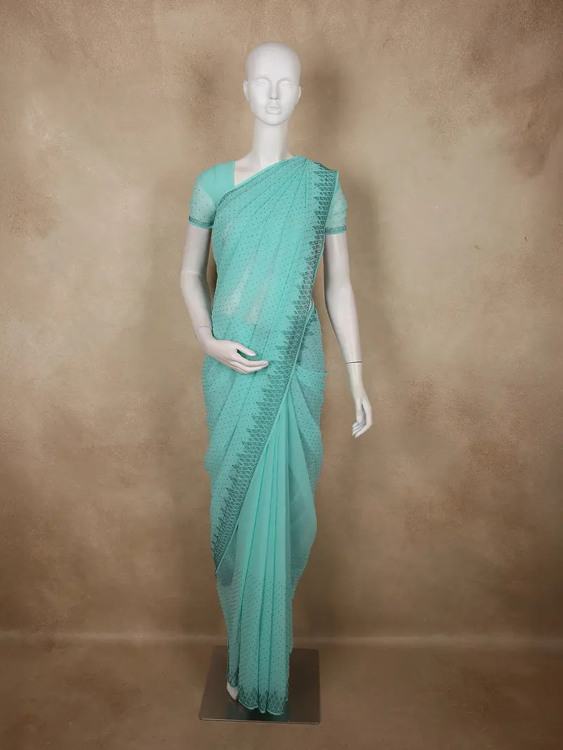 Sea Blue Stone Embellished Design Chiffon Fancy Saree With Designer Border 1