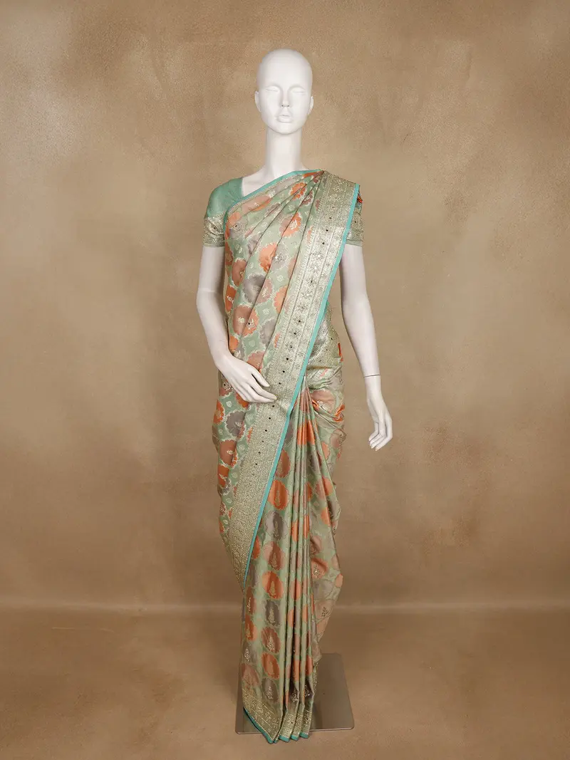 Sea Green And Peach Floral Woven Design Banarasi Saree With Designer Zari Border 1