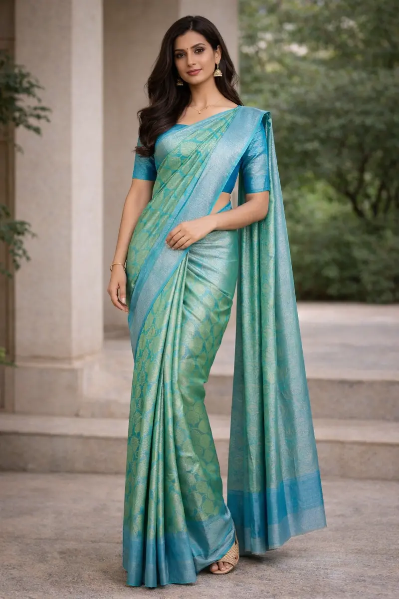 Sea Green And Sky Blue Floral Motif Woven Kanchipuram Silk Saree With Zari Border 1