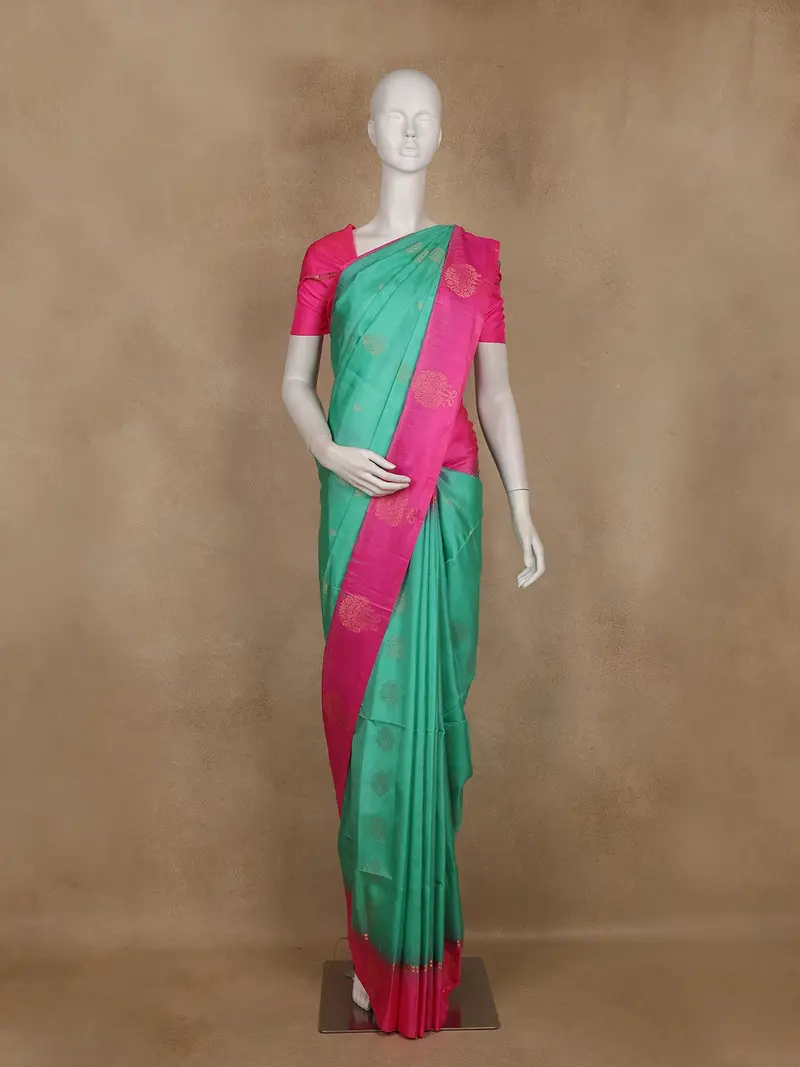 Sea Green Butta Woven Soft Silk Saree With Contrast Pink Border 1